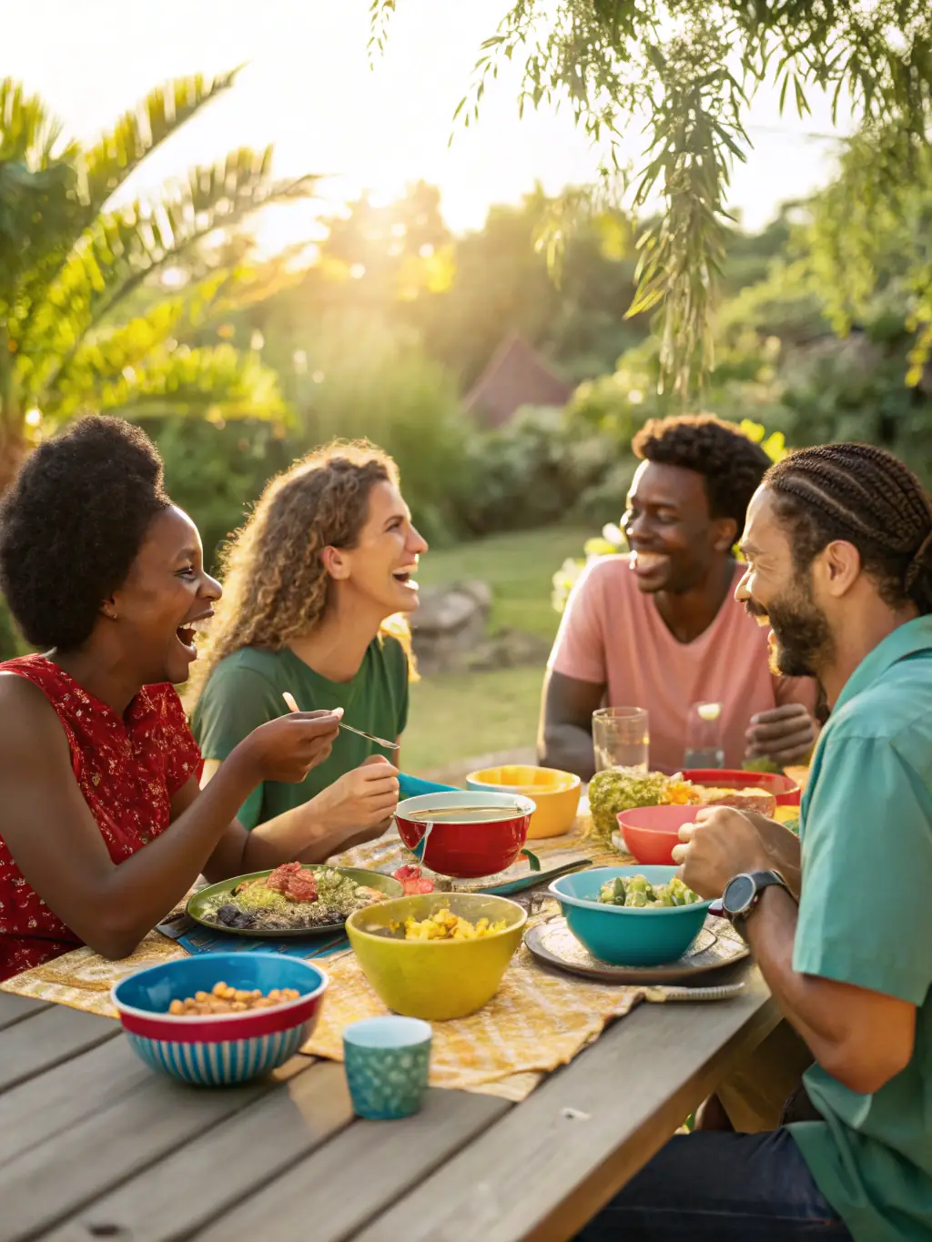 A welcoming scene of neighbors sharing a meal at a long outdoor table under string lights, representing a community picnic organized by the association.
