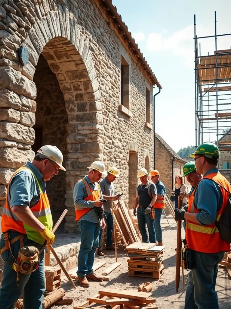 An image of volunteers restoring a historic stone building in Barlieu, with tools and materials visible, highlighting teamwork and preservation efforts in a rural French setting.