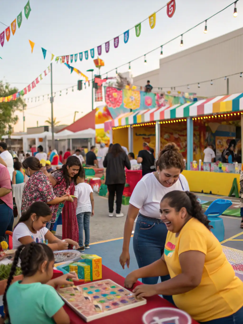 A vibrant outdoor scene of local residents and families participating in a traditional Barlieu village festival, with colorful decorations, music, and food stalls, capturing the spirit of community celebration.