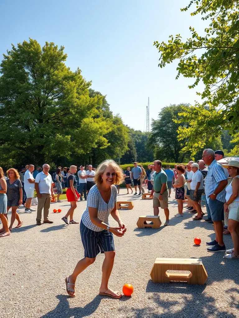 A lively pétanque tournament in the village square, with teams of all ages playing, spectators cheering, and refreshments served under a canopy.