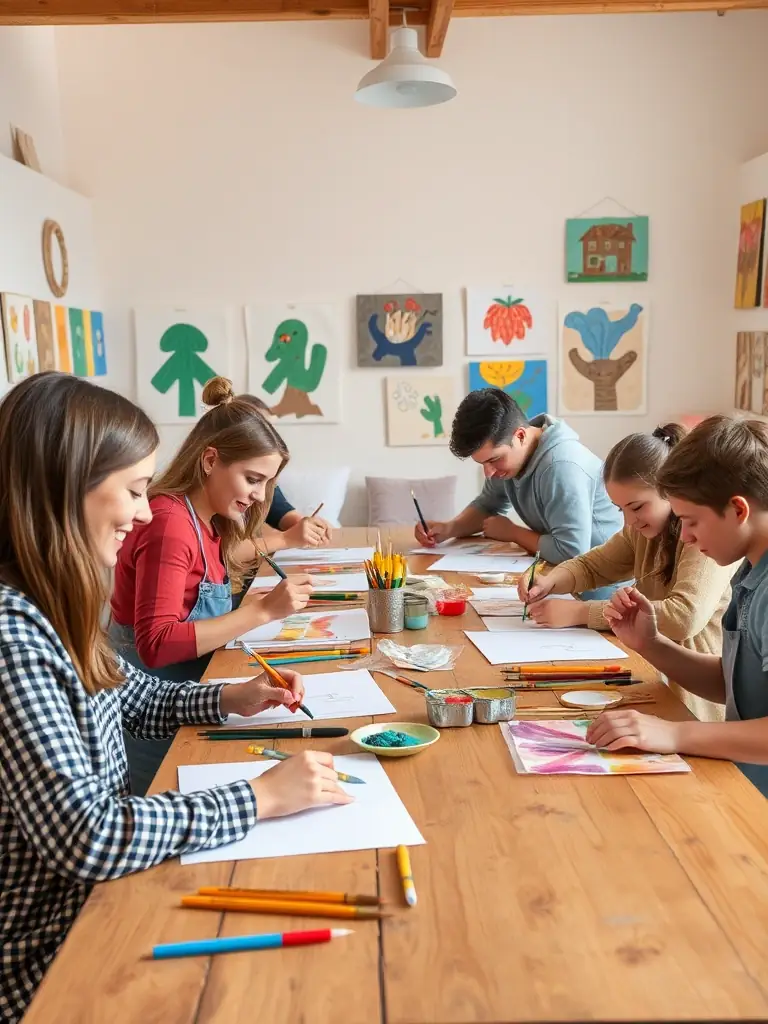A candid shot of children and adults engaging in a creative art workshop, with easels, paints, and crafts, set in a bright community hall filled with artwork.