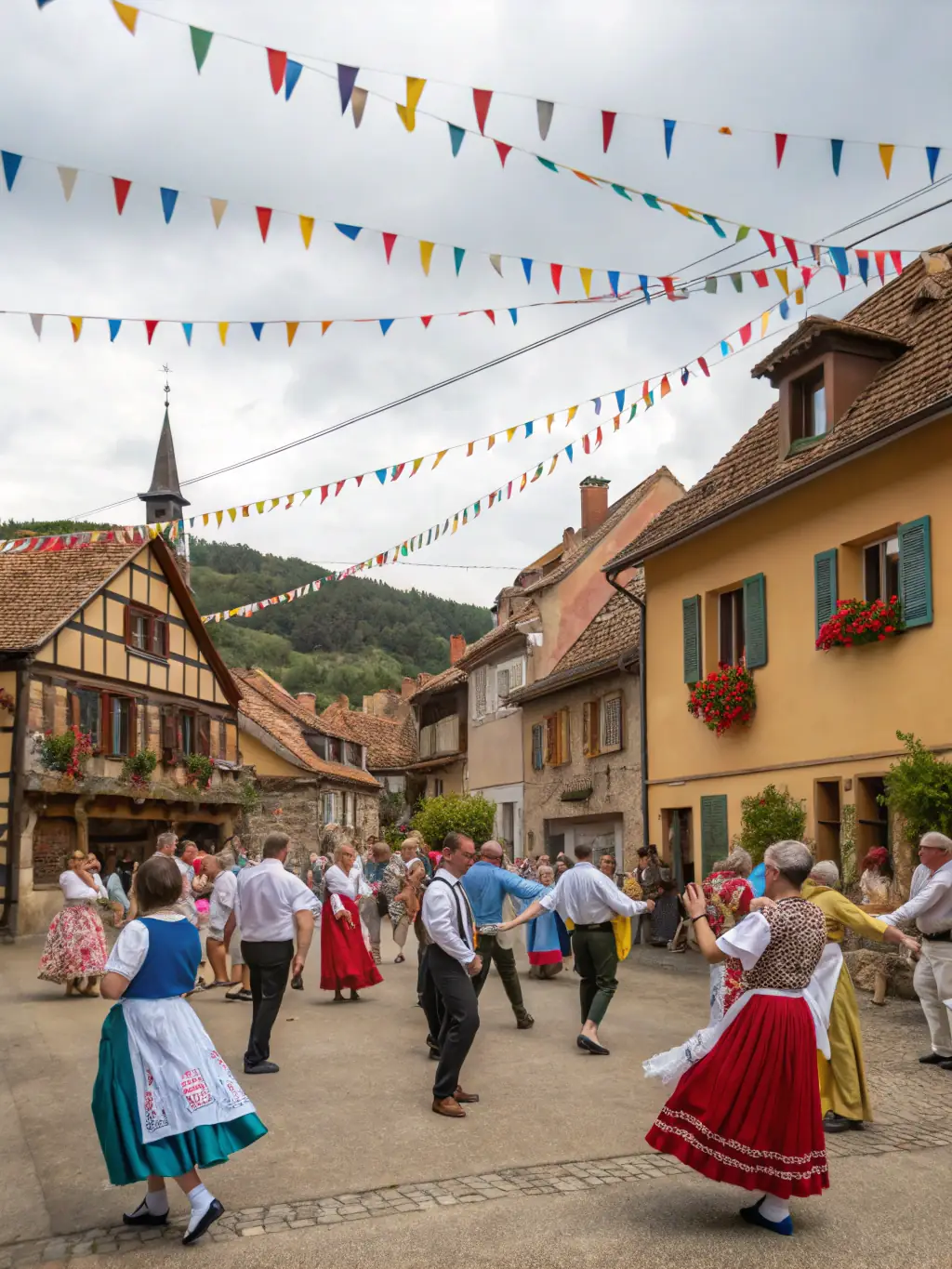 A vibrant scene of Barlieu’s annual summer festival, with families and children enjoying traditional music, colorful decorations, and local food stalls in a lively village square.