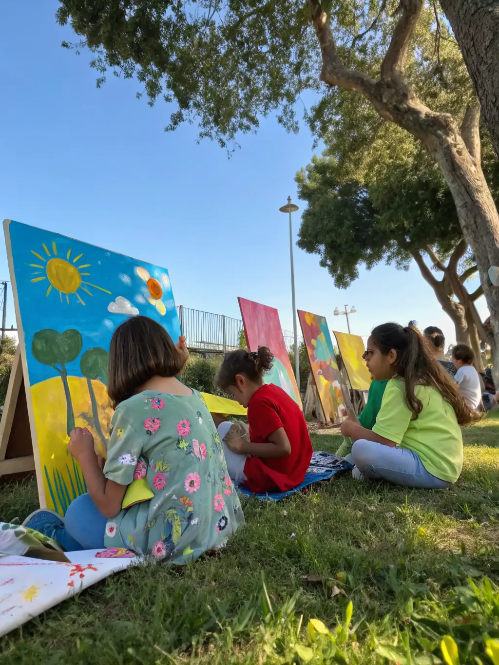 Children and adults participating in an outdoor painting workshop, easels set up under trees, with finished artworks displayed on a rustic fence.