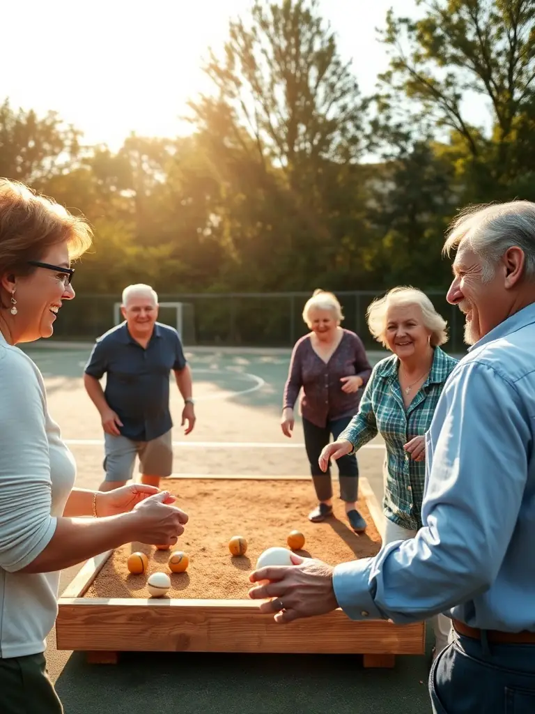 A cheerful group of seniors and youth playing pétanque in a leafy park, with benches, trees, and laughter, illustrating recreational activities that promote social cohesion.