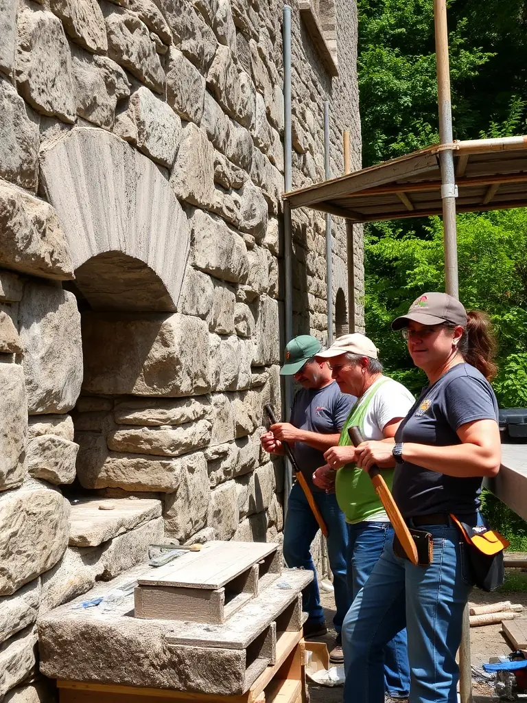 A scenic image of volunteers restoring a historic stone building in Barlieu, with tools, scaffolding, and teamwork evident, highlighting heritage preservation efforts.